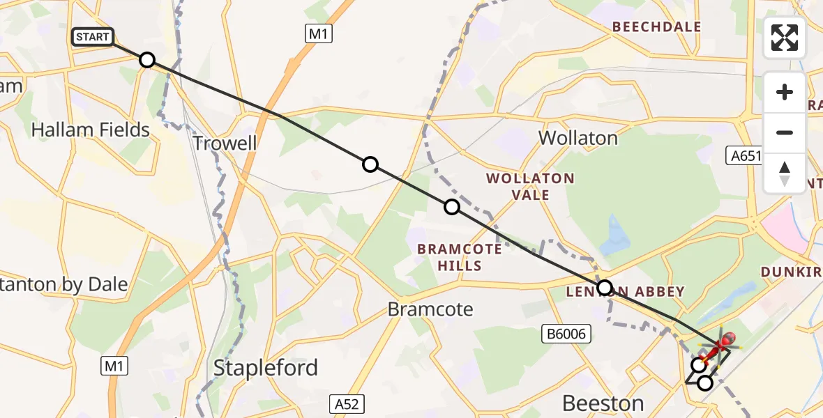 Flight route Air Ambulance Helicopter Ilkeston - City of Nottingham, 10 July 2026, 18:20