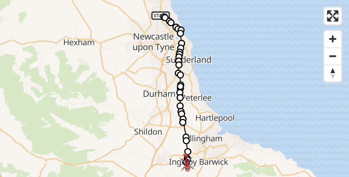 Flight route Air Ambulance Helicopter Cramlington - Longnewton, 10 July 2026, 18:25
