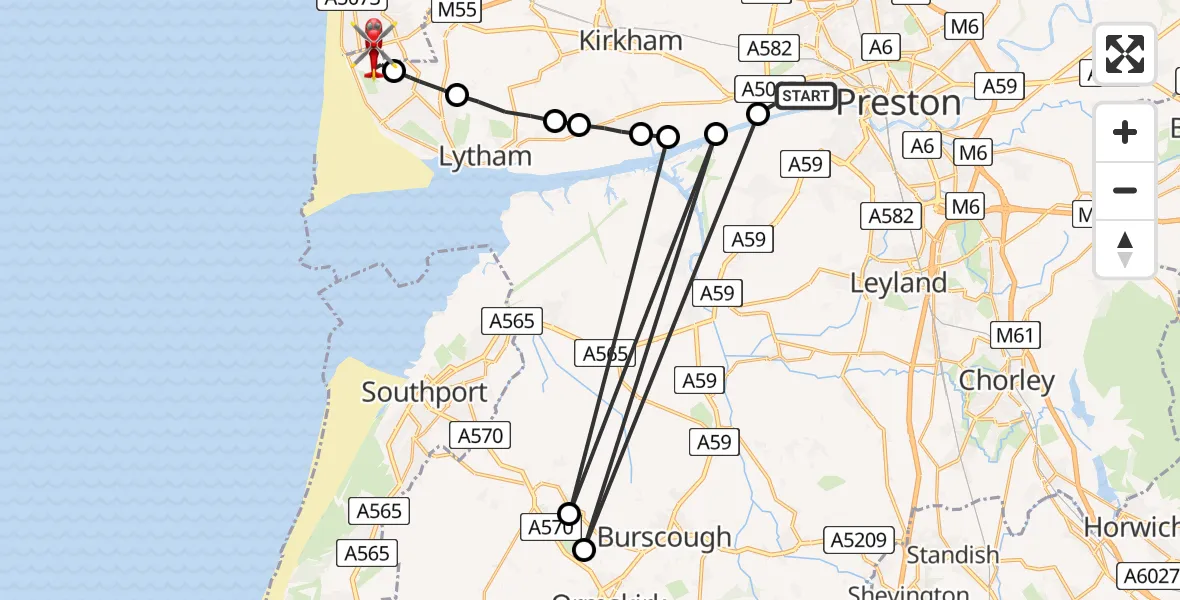 Flight route Air Ambulance Helicopter Preston - Blackpool Airport, 10 July 2026, 18:35