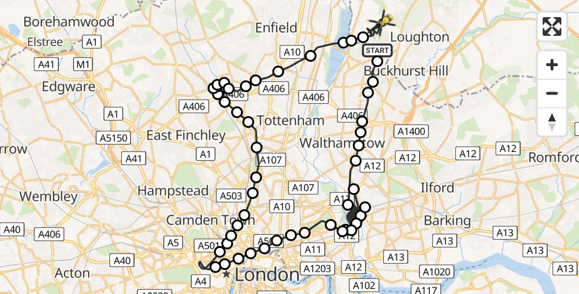 Flight route Police Helicopter Waltham Abbey - Metropolitan Police Air Support Unit Lippitts Hill, 10 July 2026, 18:40