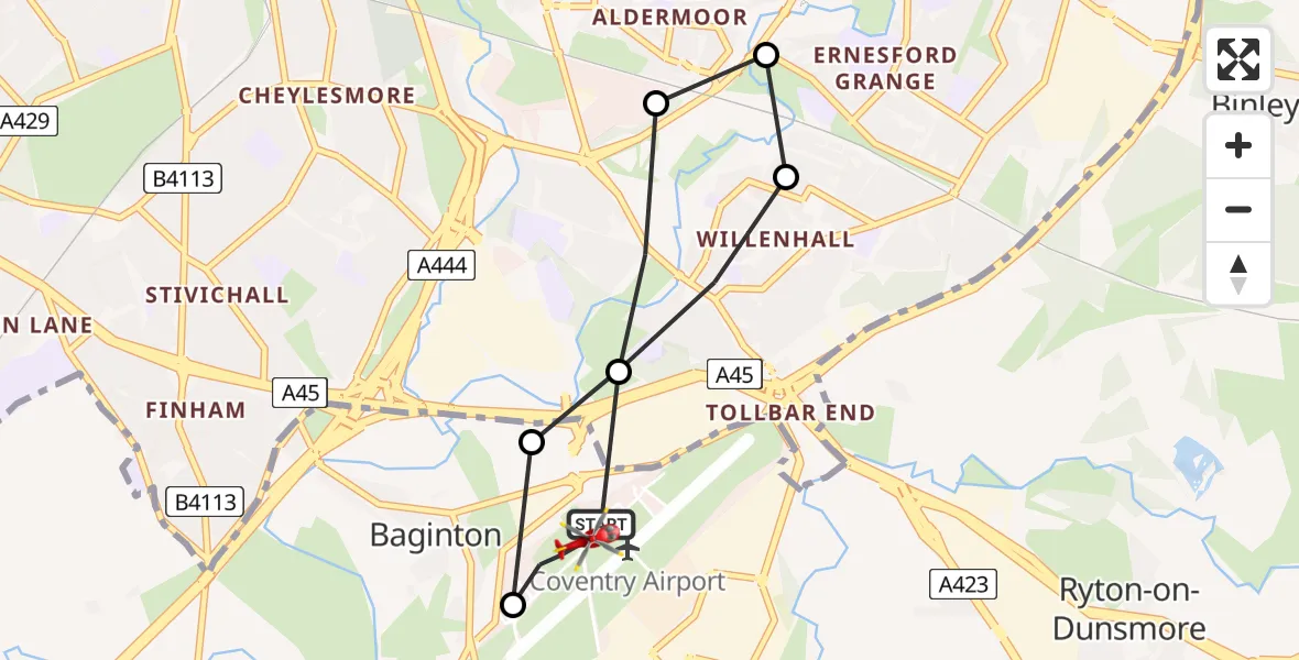 Flight route Air Ambulance Helicopter Coventry Airport - Coventry Airport, 10 July 2026, 18:46