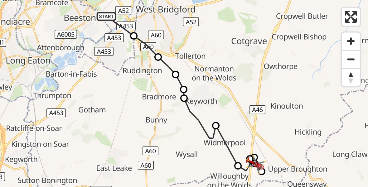 Flight route Air Ambulance Helicopter City of Nottingham - Widmerpool, 10 July 2026, 18:51