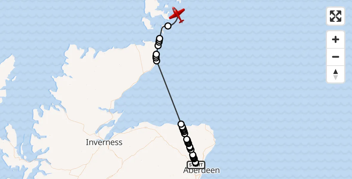 Flight route Air Ambulance Aircraft Aberdeen International Airport - North Sea, 10 July 2026, 18:57