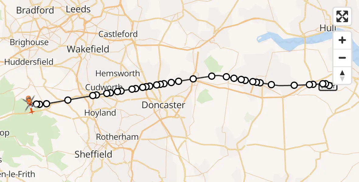Flight route Coastguard Helicopter Humberside Airport - Barnsley, 10 July 2026, 19:07