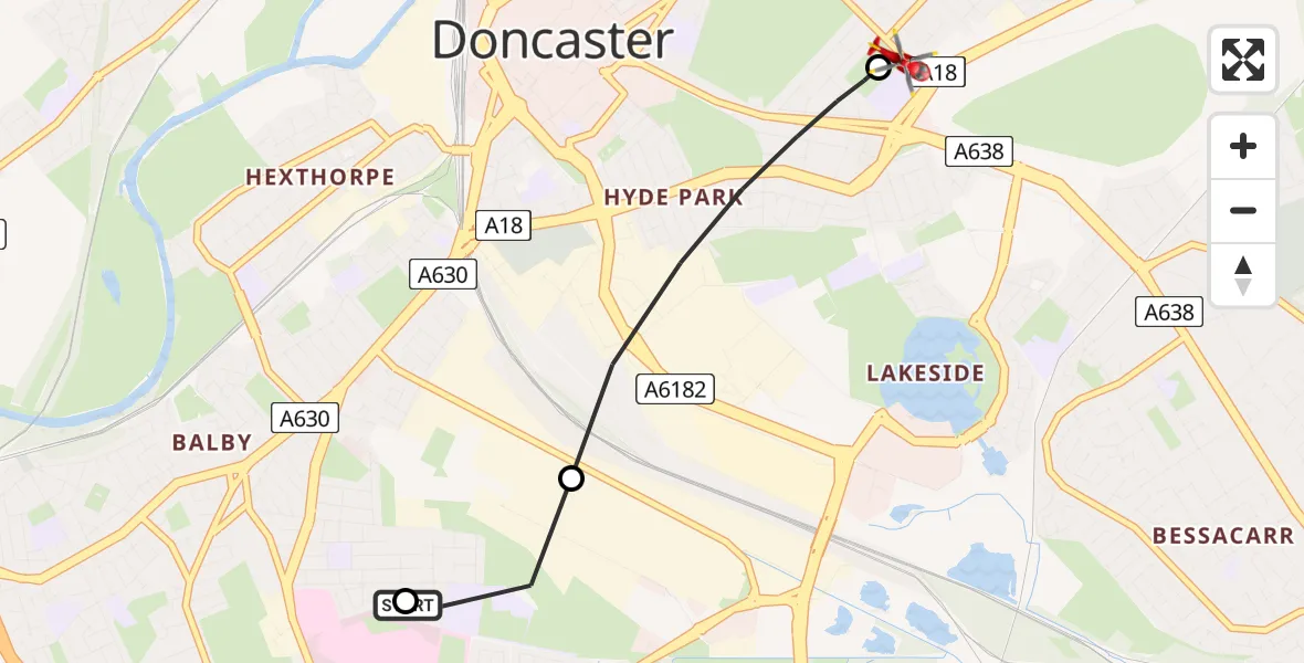Flight route Air Ambulance Helicopter Balby - Intake, 10 July 2026, 19:09