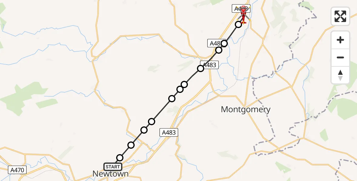 Flight route Air Ambulance Helicopter Newtown - Welshpool Airport, 10 July 2026, 19:12