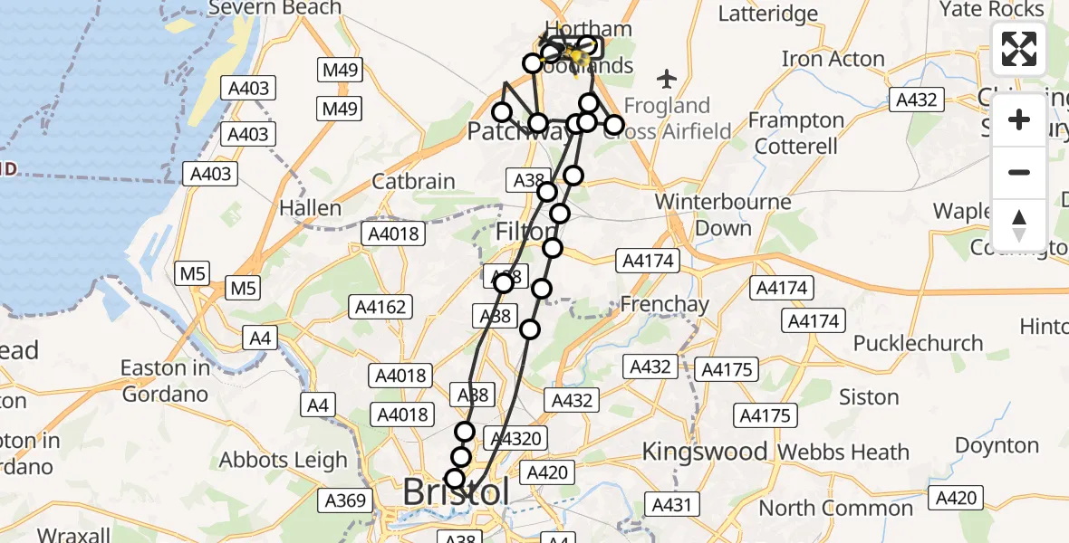 Flight route Police Helicopter Almondsbury Helicopter Base - Almondsbury Helicopter Base, 10 July 2026, 19:13