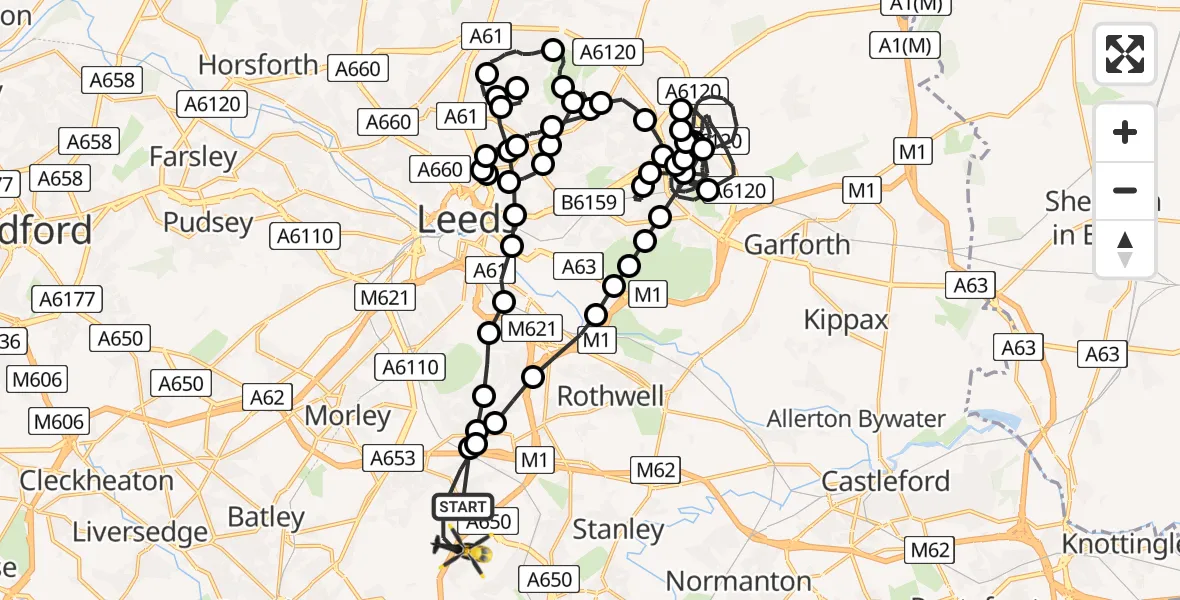Flight route Police Helicopter East Ardsley - East Ardsley, 10 July 2026, 19:35