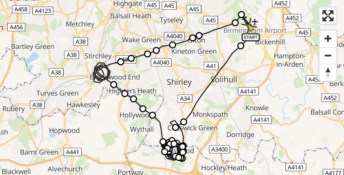 Flight route Police Helicopter Birmingham Airport - Birmingham Airport, 10 July 2026, 20:02
