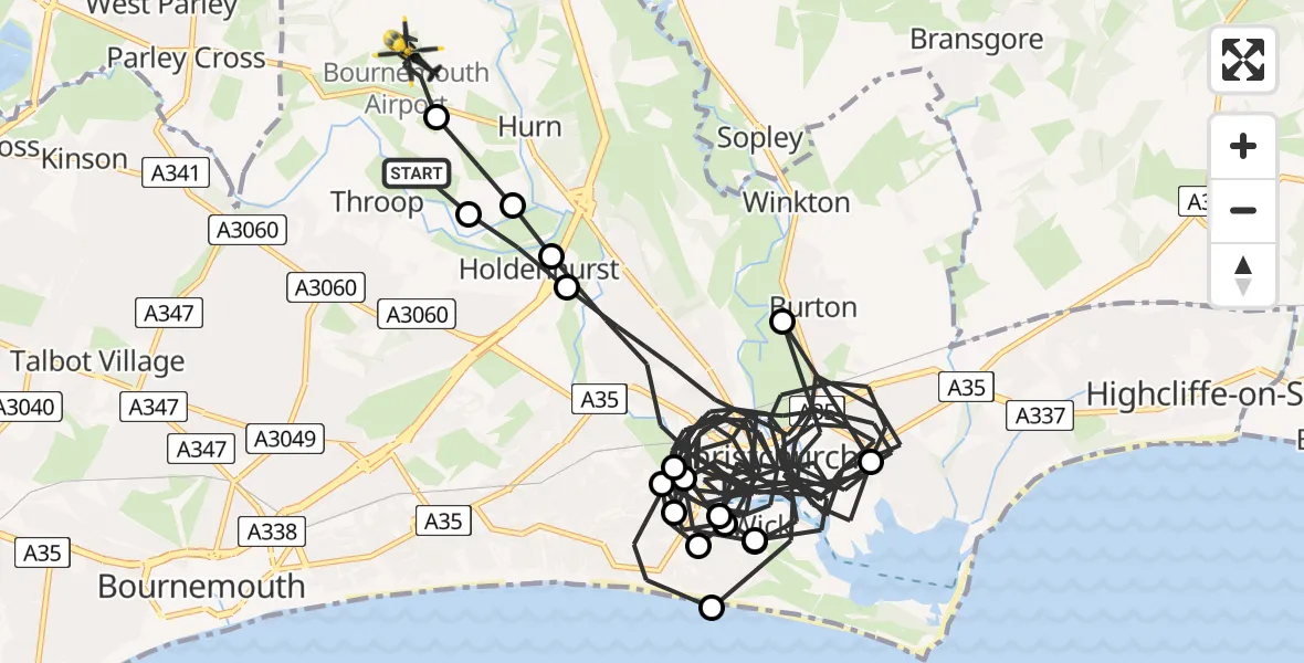 Flight route Police Helicopter Bournemouth Airport - Bournemouth Airport, 10 July 2026, 20:08