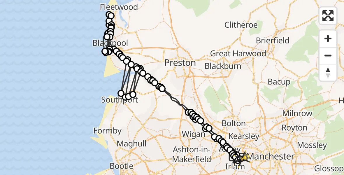 Flight route Police Helicopter Irlam - Manchester Barton Aerodrome, 10 July 2026, 20:12