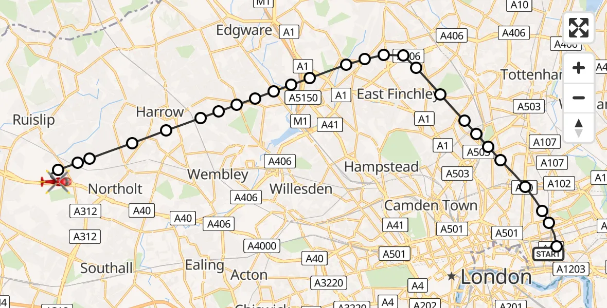 Flight route Air Ambulance Helicopter Royal London Hospital - RAF Northolt, 10 July 2026, 20:19