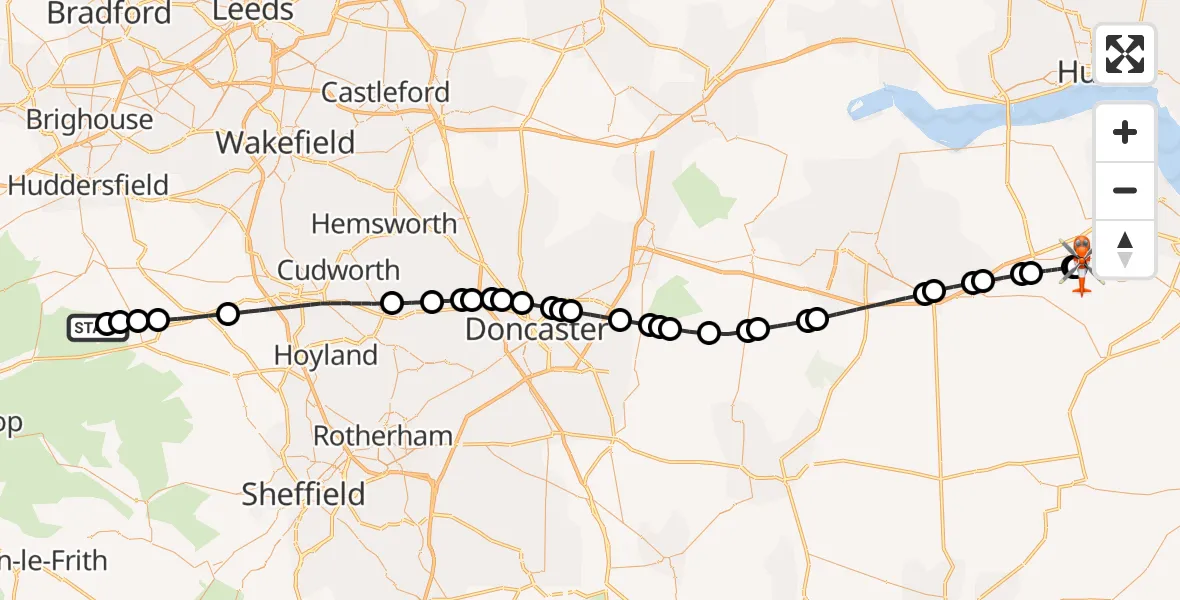 Flight route Coastguard Helicopter Barnsley - Humberside Airport, 10 July 2026, 20:35