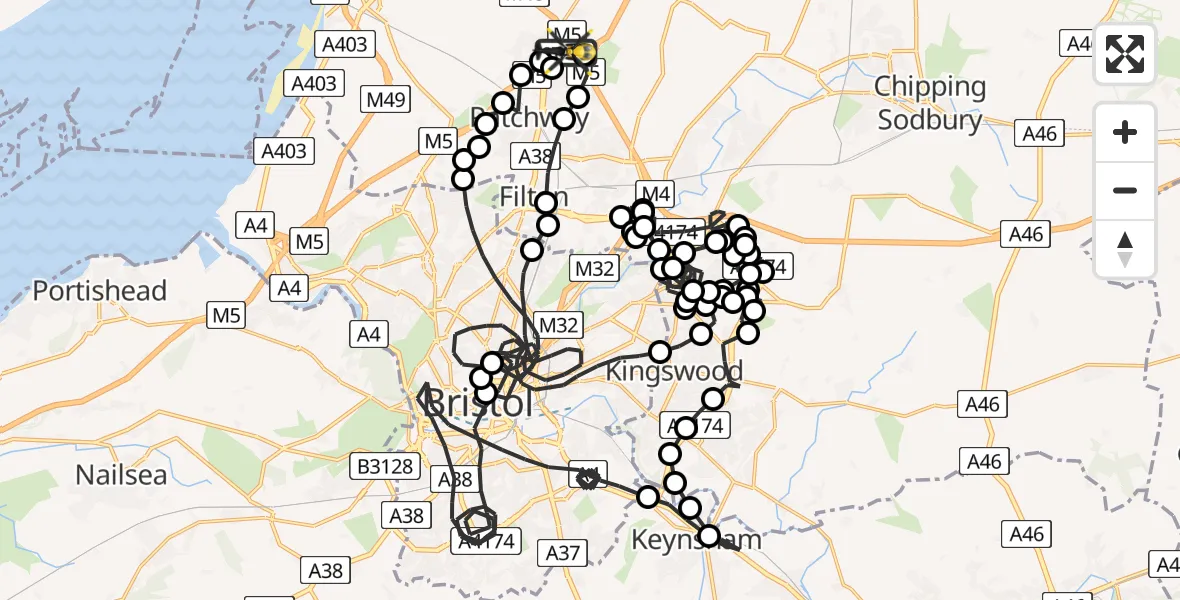 Flight route Police Helicopter Almondsbury Helicopter Base - Almondsbury Helicopter Base, 10 July 2026, 20:44