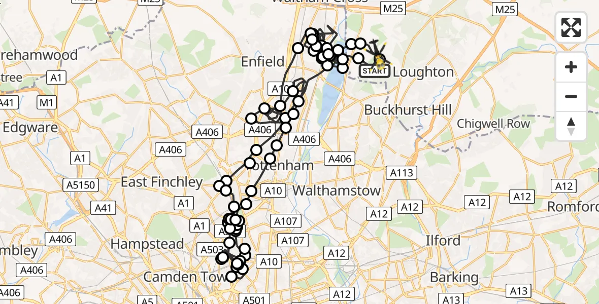Flight route Police Helicopter Sewardstonebury - Sewardstonebury, 10 July 2026, 20:55