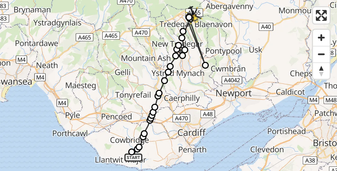 Flight route Police Helicopter MOD St Athan - Brynmawr, 10 July 2026, 21:04