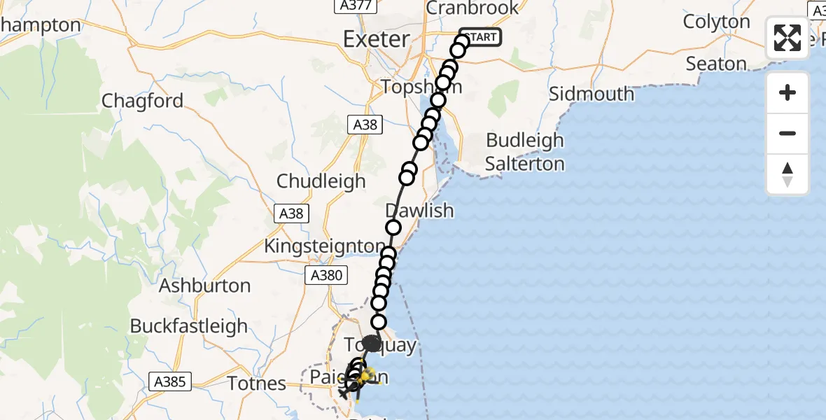 Flight route Police Helicopter Aylesbeare - English Channel, 10 July 2026, 21:12