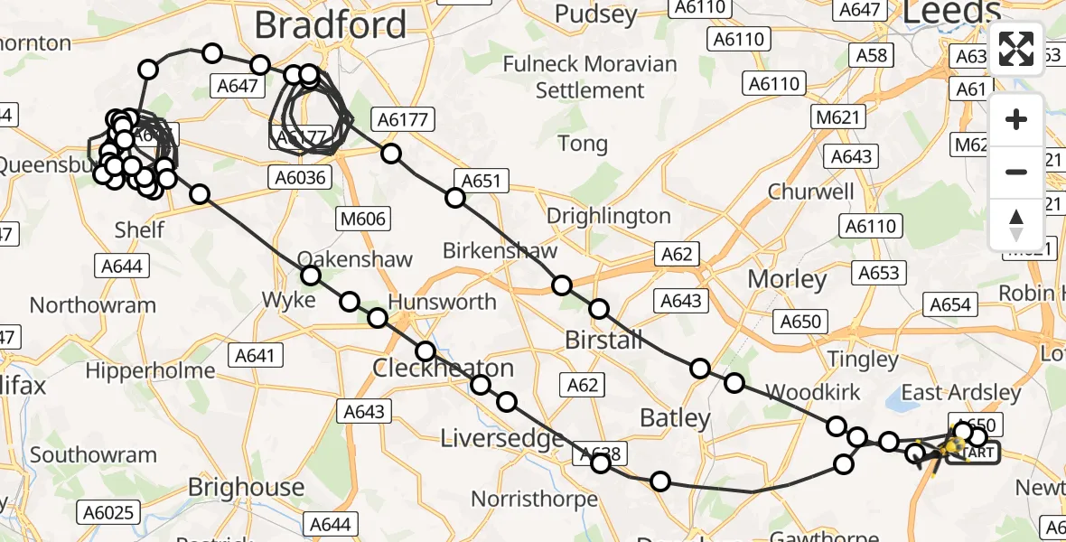 Flight route Police Helicopter East Ardsley - East Ardsley, 10 July 2026, 21:27