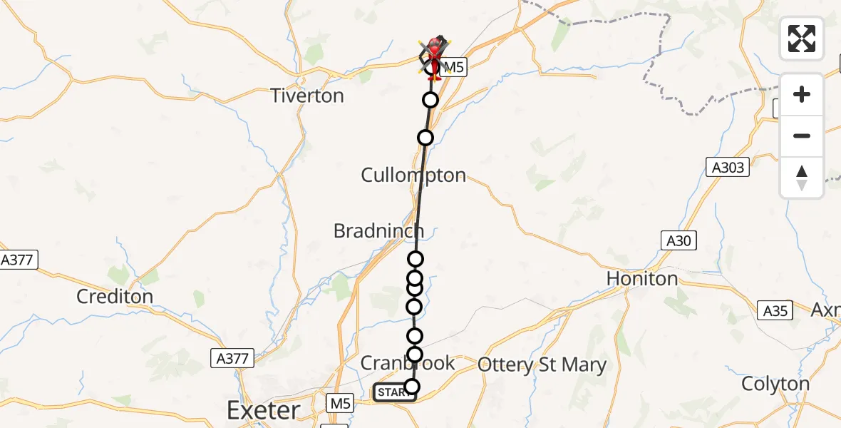 Flight route Air Ambulance Helicopter Exeter International Airport - Sampford Peverell, 10 July 2026, 21:31