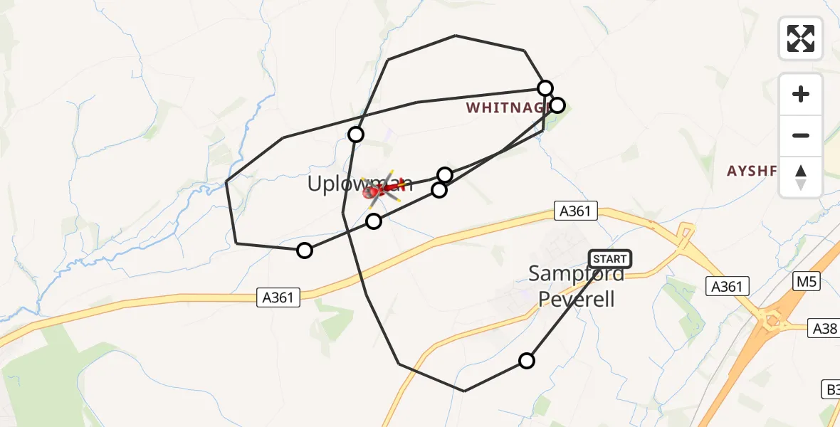 Flight route Air Ambulance Helicopter Sampford Peverell - Uplowman, 10 July 2026, 21:47