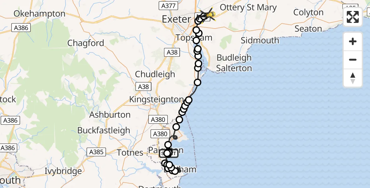 Flight route Police Helicopter English Channel - Exeter International Airport, 10 July 2026, 21:48
