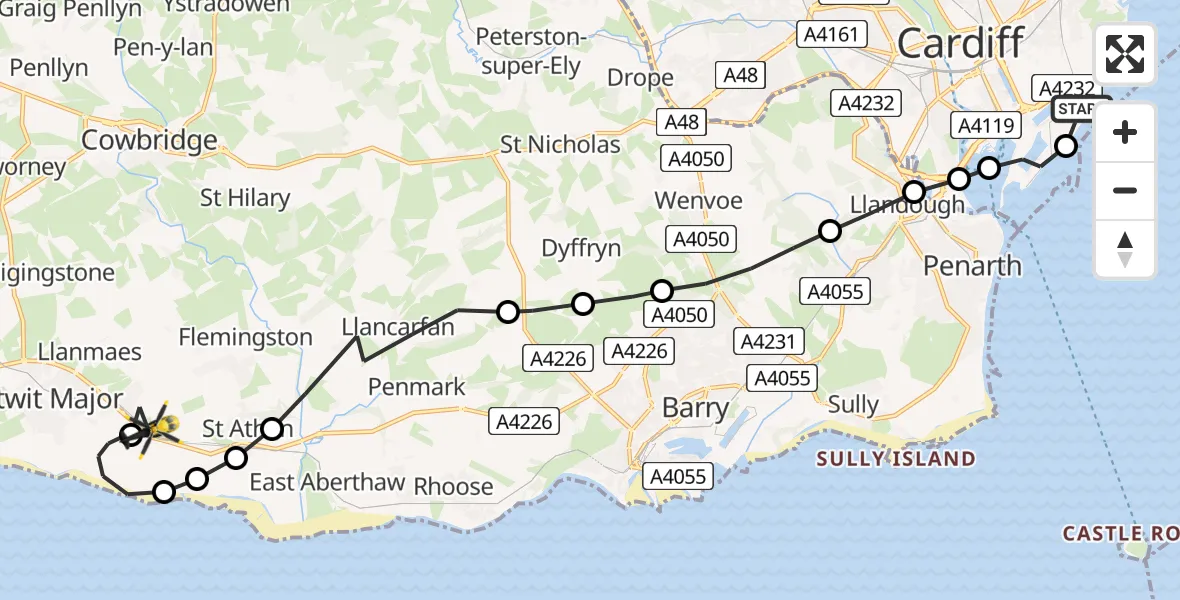 Flight route Police Helicopter Cardiff Heliport - MOD St Athan, 10 July 2026, 21:59