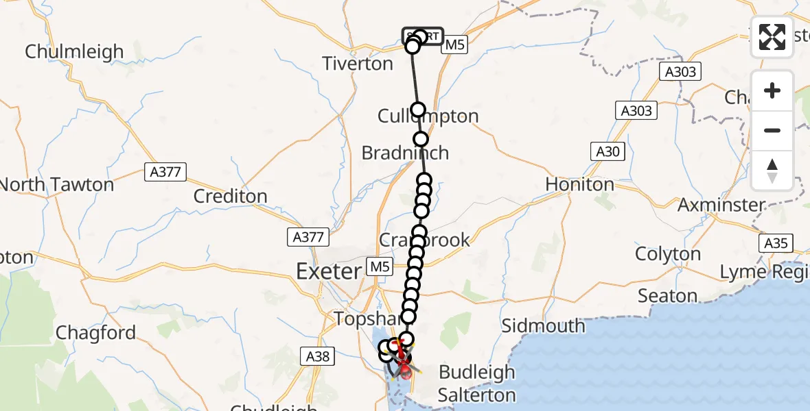 Flight route Air Ambulance Helicopter Uplowman - Lympstone, 10 July 2026, 21:59