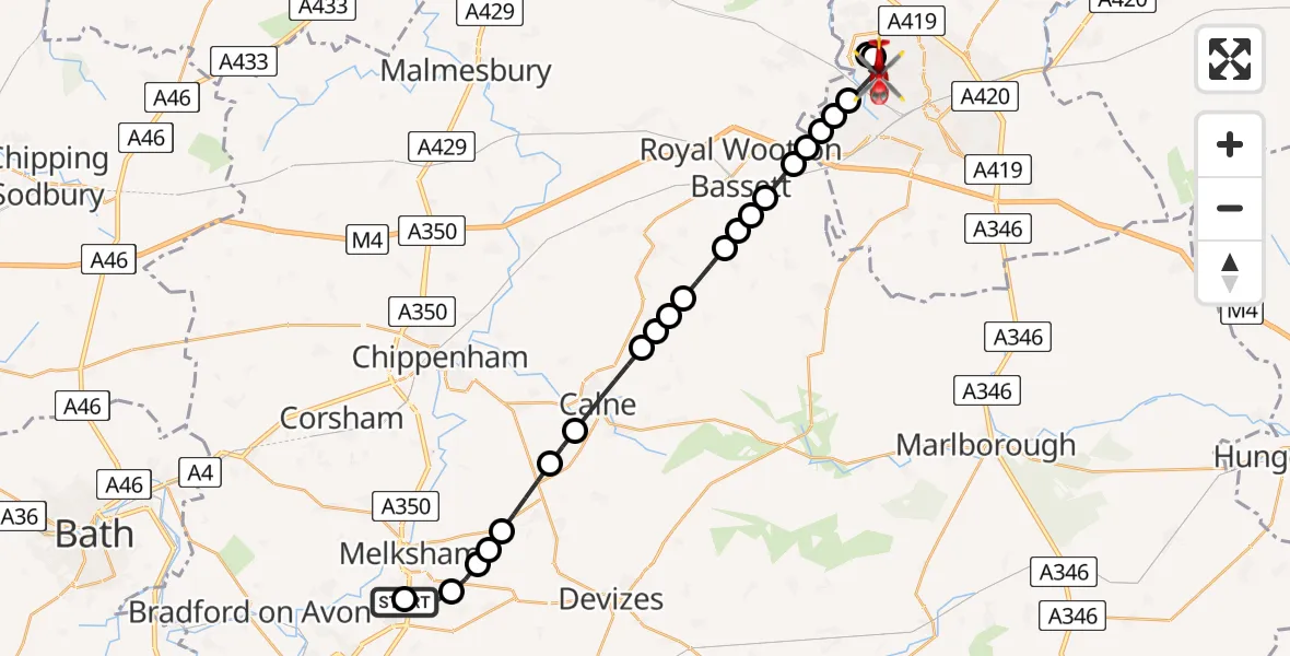 Flight route Air Ambulance Helicopter Wiltshire Air Ambulance - Swindon, 10 July 2026, 22:02