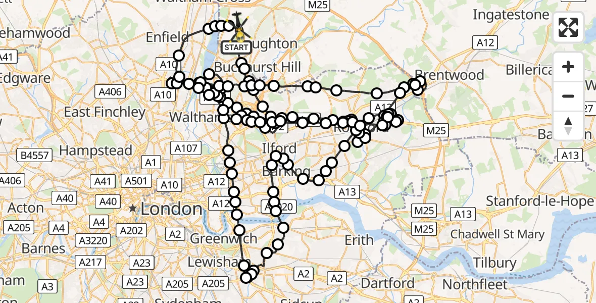 Flight route Police Helicopter Sewardstonebury - Sewardstonebury, 10 July 2026, 22:21
