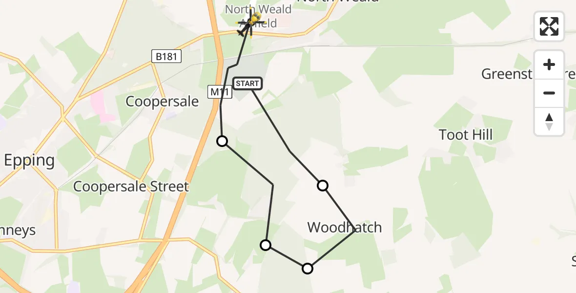 Flight route Police Helicopter Coopersale - North Weald Airfield, 10 July 2026, 22:35