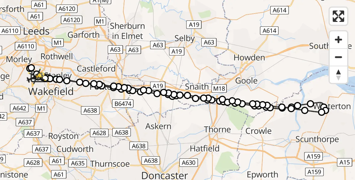 Flight route Police Helicopter Wrenthorpe - East Ardsley, 10 July 2026, 22:38