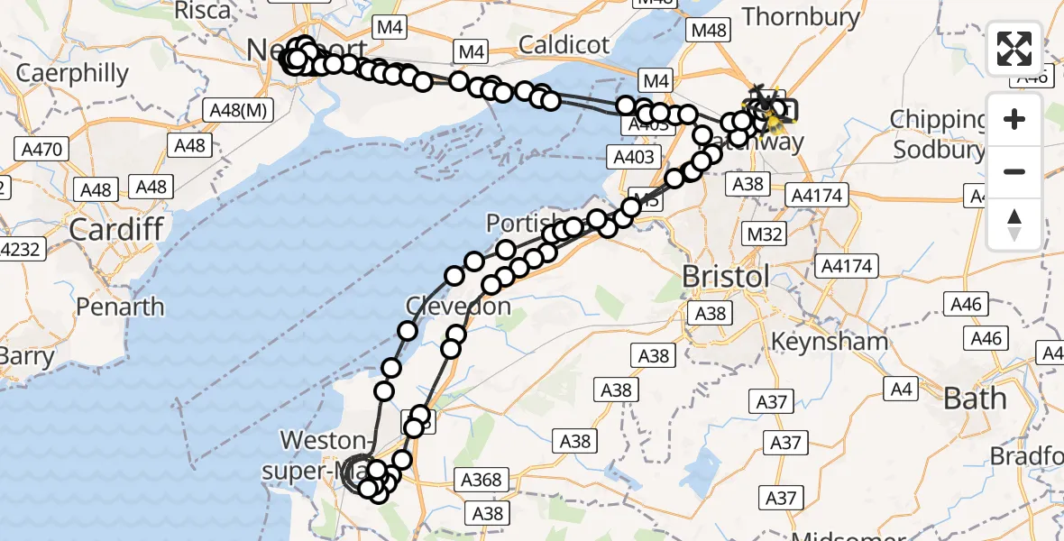 Flight route Police Helicopter Almondsbury Helicopter Base - Almondsbury Helicopter Base, 10 July 2026, 22:43