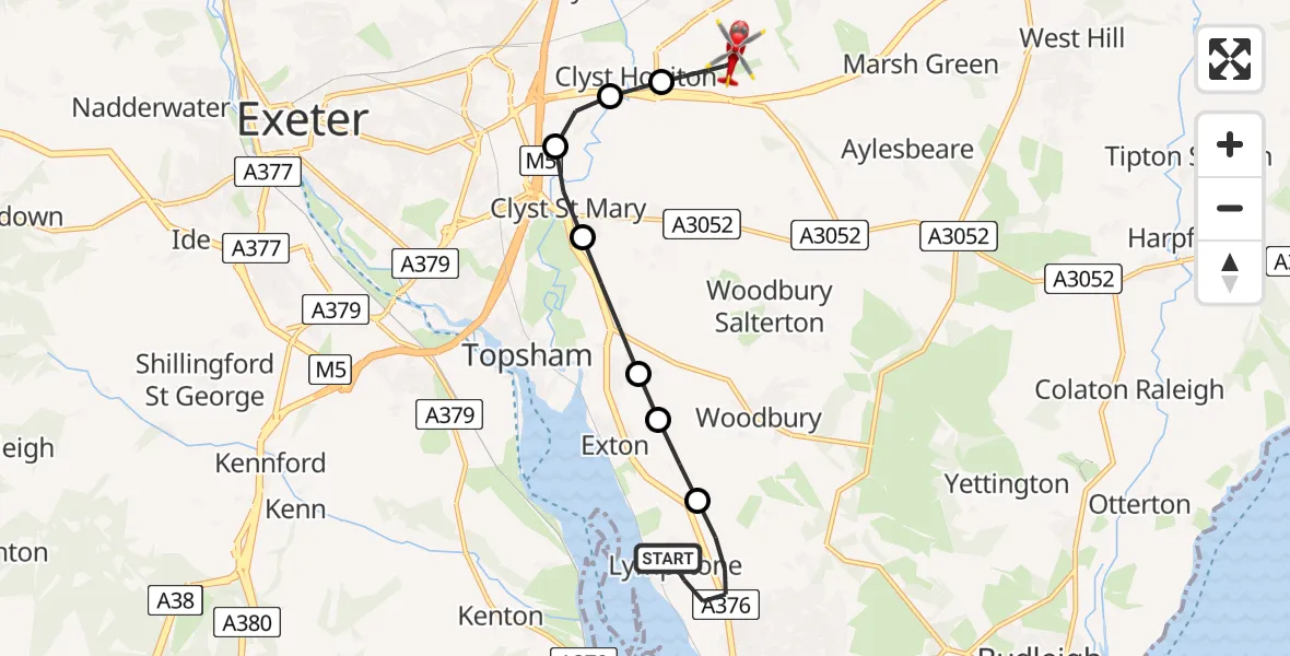 Flight route Air Ambulance Helicopter Lympstone - Exeter International Airport, 10 July 2026, 22:52