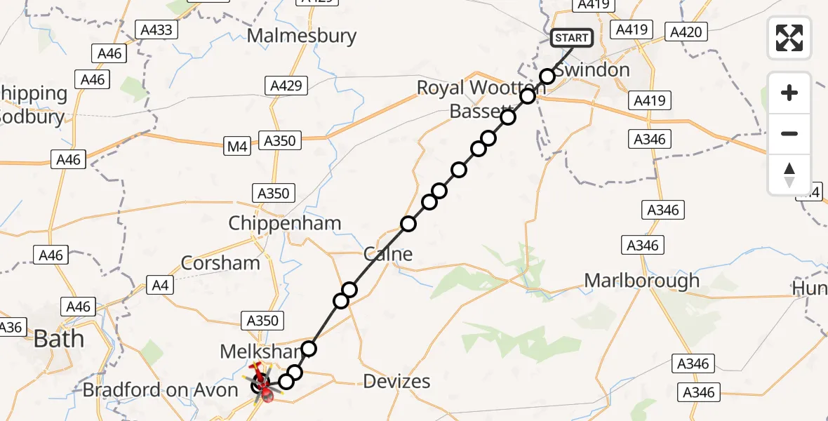 Flight route Air Ambulance Helicopter Swindon - Wiltshire Air Ambulance, 10 July 2026, 23:11