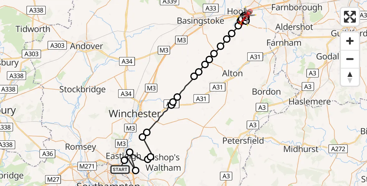 Flight route Air Ambulance Helicopter Southampton Airport - Hook, 10 July 2026, 23:30