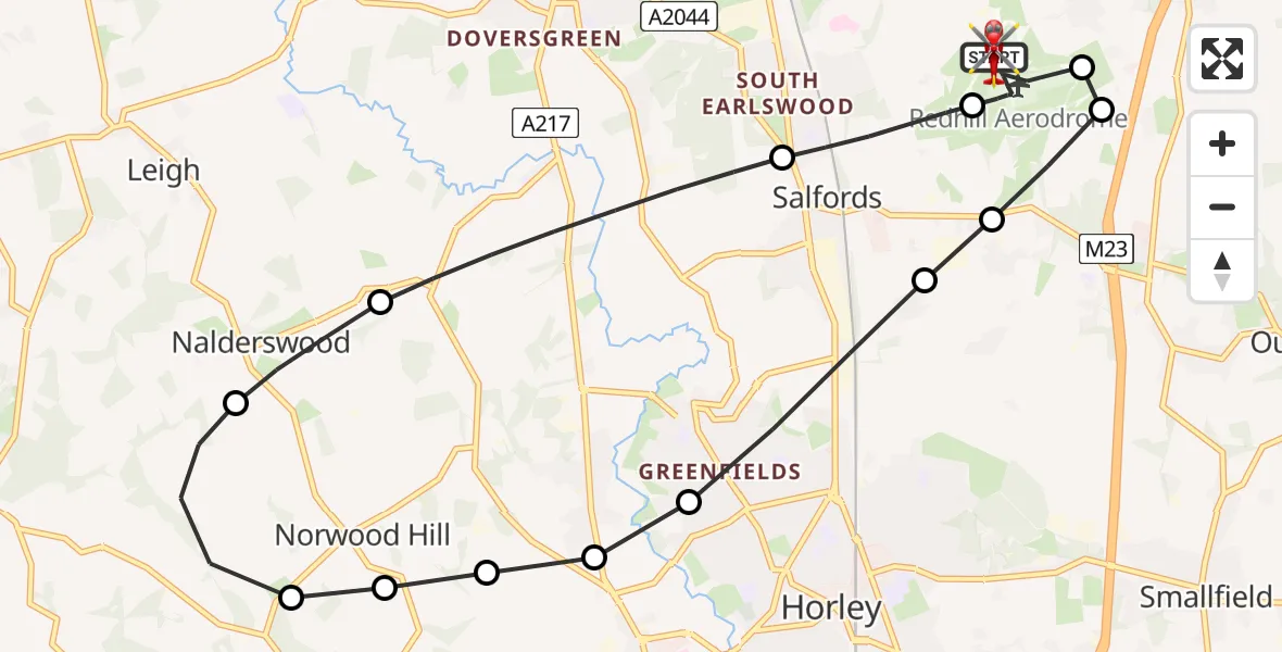 Flight route Air Ambulance Helicopter Redhill Aerodrome - Redhill Aerodrome, 10 July 2026, 23:42
