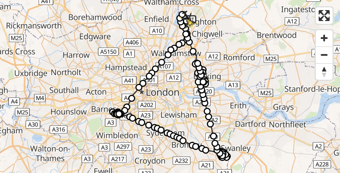 Flight route Police Helicopter Metropolitan Police Air Support Unit Lippitts Hill - Sewardstonebury, 10 July 2026, 23:51