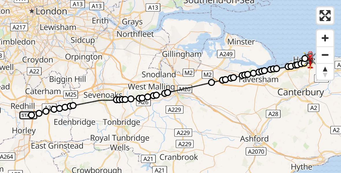 Flight route Air Ambulance Helicopter Redhill Aerodrome - Canterbury, 11 July 2026, 00:03