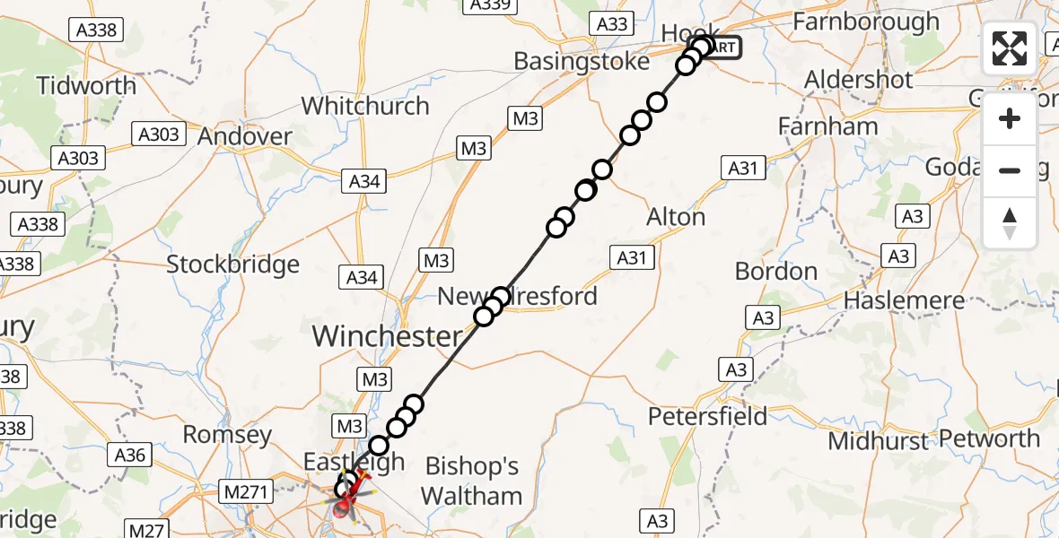 Flight route Air Ambulance Helicopter Winchfield - Southampton Airport, 11 July 2026, 00:35