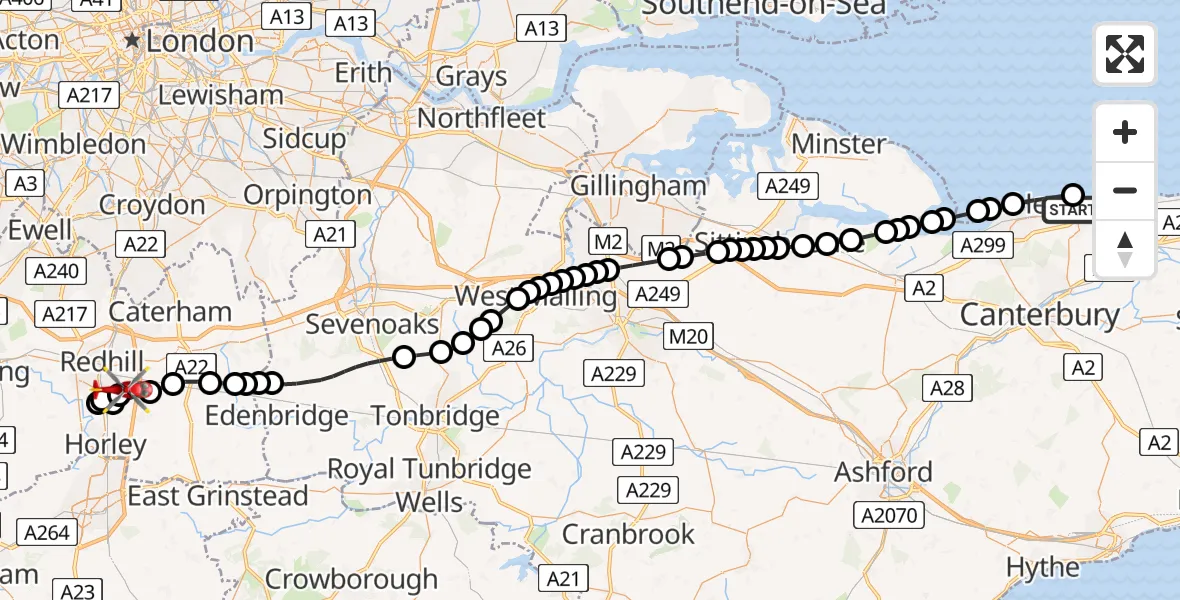 Flight route Air Ambulance Helicopter Canterbury - Redhill Aerodrome, 11 July 2026, 00:57