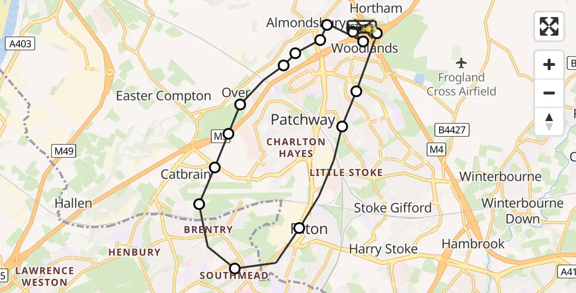 Flight route Police Helicopter Almondsbury Helicopter Base - Almondsbury Helicopter Base, 11 July 2026, 01:00