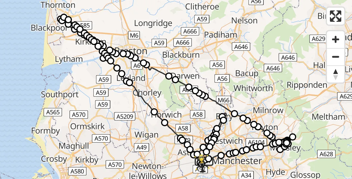 Flight route Police Helicopter Worsley - Manchester Barton Aerodrome, 11 July 2026, 01:54