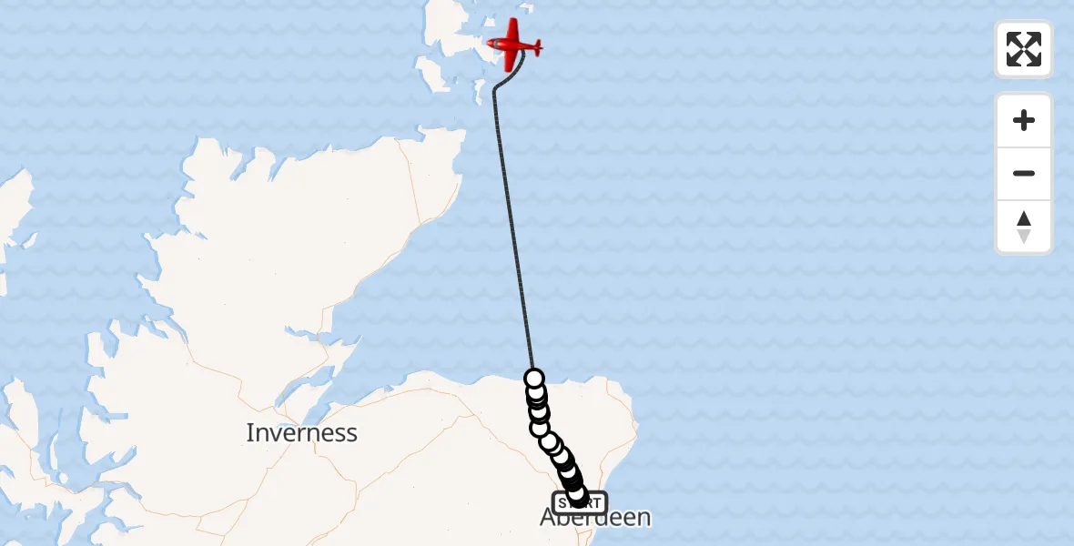 Flight route Air Ambulance Aircraft Aberdeen International Airport - North Sea, 11 July 2026, 02:01