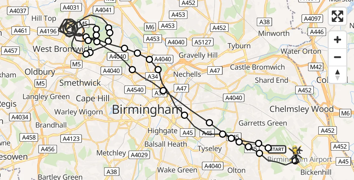 Flight route Police Helicopter Sheldon - Birmingham Airport, 11 July 2026, 03:12