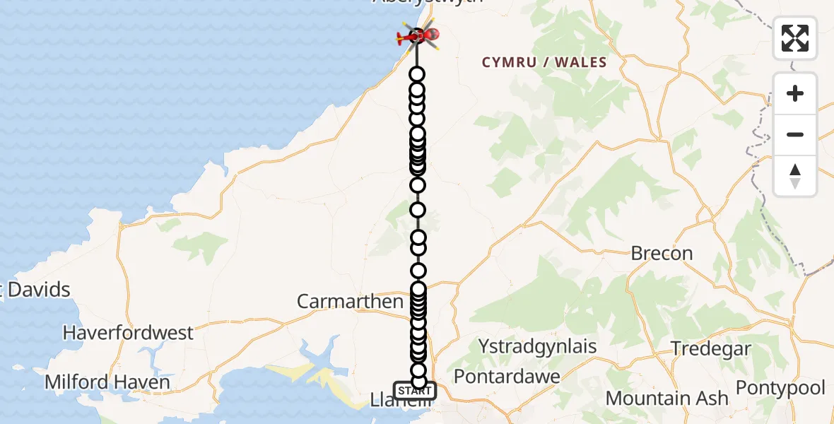 Flight route Air Ambulance Helicopter Dafen - Llanrhystud, 11 July 2026, 06:25