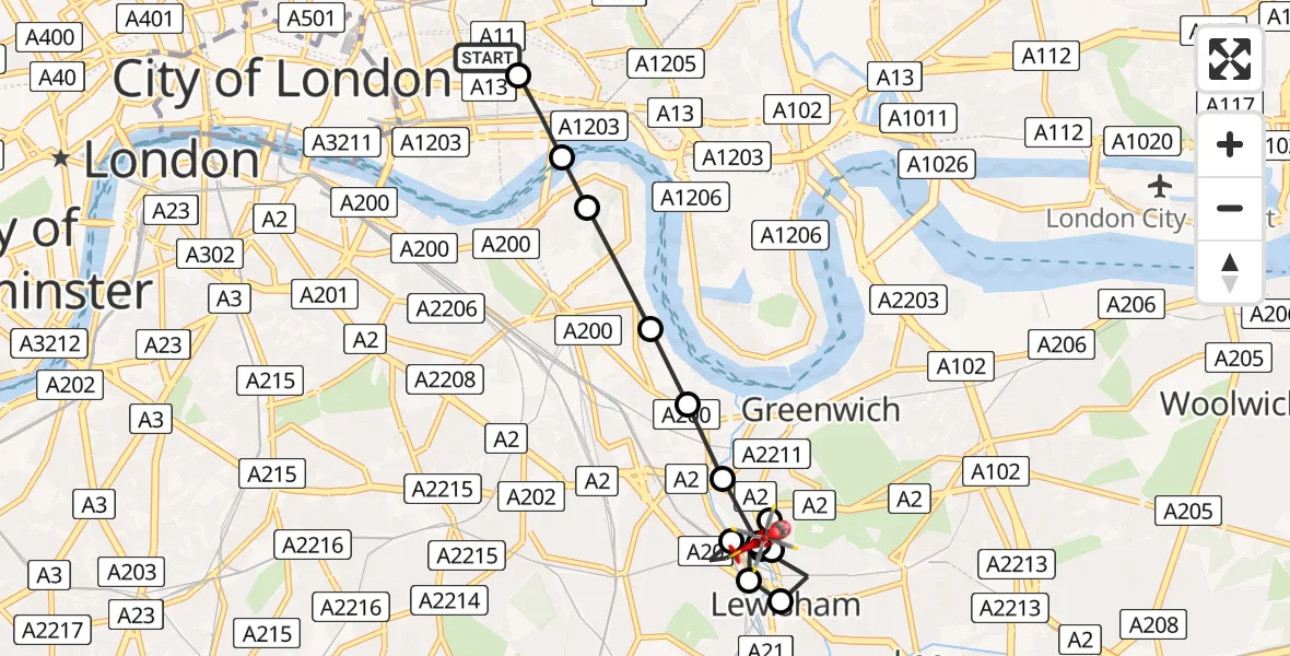 Flight route Air Ambulance Helicopter Royal London Hospital - New Cross, 11 July 2026, 07:26