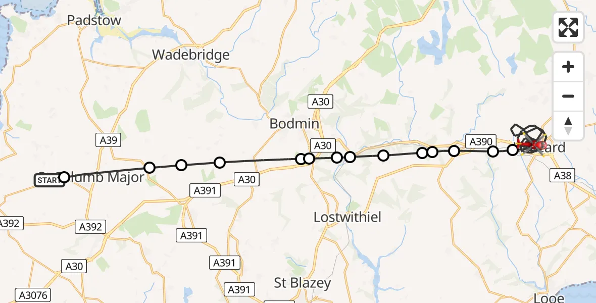 Flight route Air Ambulance Helicopter Cornwall Airport Newquay - Liskeard, 11 July 2026, 07:45
