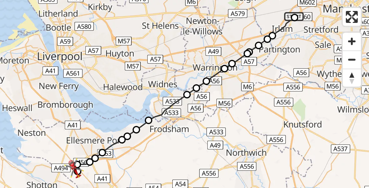 Flight route Air Ambulance Helicopter Manchester Barton Aerodrome - Capenhurst, 11 July 2026, 07:51