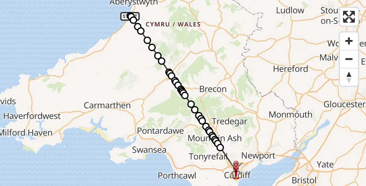 Flight route Air Ambulance Helicopter Llanddeiniol - Gabalfa, 11 July 2026, 07:52