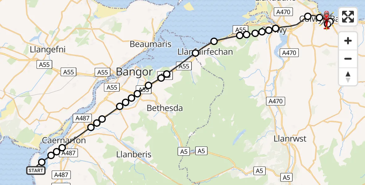 Flight route Air Ambulance Helicopter Caernarfon Airport - Colwyn Bay, 11 July 2026, 07:55